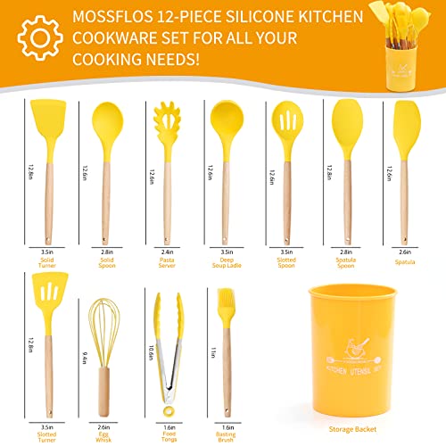 mossFlos Kitchen Cooking Utensils Set, 12 pcs Non-Stick Silicone Cooking Kitchen Utensils with Holder, Heat Resistant Kitchen Gadgets Utensil Set,Yellow