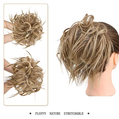 HMD Tousled Updo Messy Bun Hairpiece Hair Extension Ponytail with Elastic Rubber Band Updo Ponytail Hairpiece Synthetic Hair Extensions Scrunchies Ponytail Hairpieces for Women(Tousled Updo Bun, 12H24(light Brown Mix natural Blonde))
