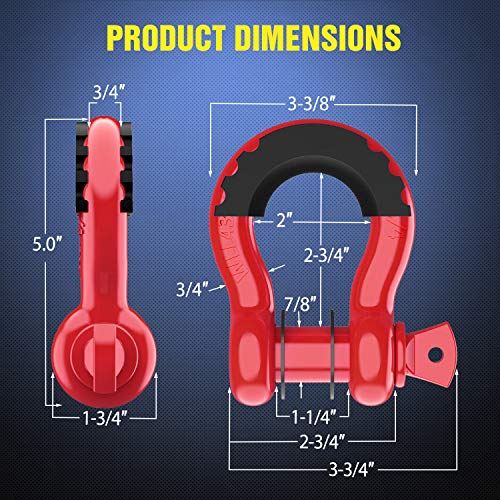 Nilight 2 Pack 3/4" D-Ring Shackle 4.75 Ton (9500 Lbs) Capacity with 7/8" Pin Heavy Duty Off Road Recovery Shackle with Isolators & Washer Kit for Jeep Truck Vehicle, Red (90053B)