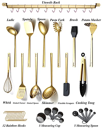 Gold Cooking Utensils Set, Kyraton Stainless Steel 37 Pieces Kitchen Utensils Set with Titanium Gold Plating, Kitchen Gadgets Tool Set with Utensils Racks Heat Resistant Dishwasher Safe
