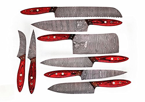 W Trading-Custom Hand made damascus steel blade Professional kitchen knives 8 PCS chef kitchen knife set with leather pouch for storage. WT-1046-8