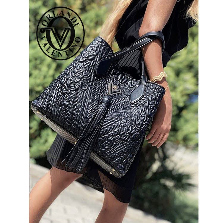 Valentino Orlandi Women’s Large Tote Handbag Italian Designer Shoulder Bag Purse Regal Purple Damask Embroidered Genuine Leather Tote