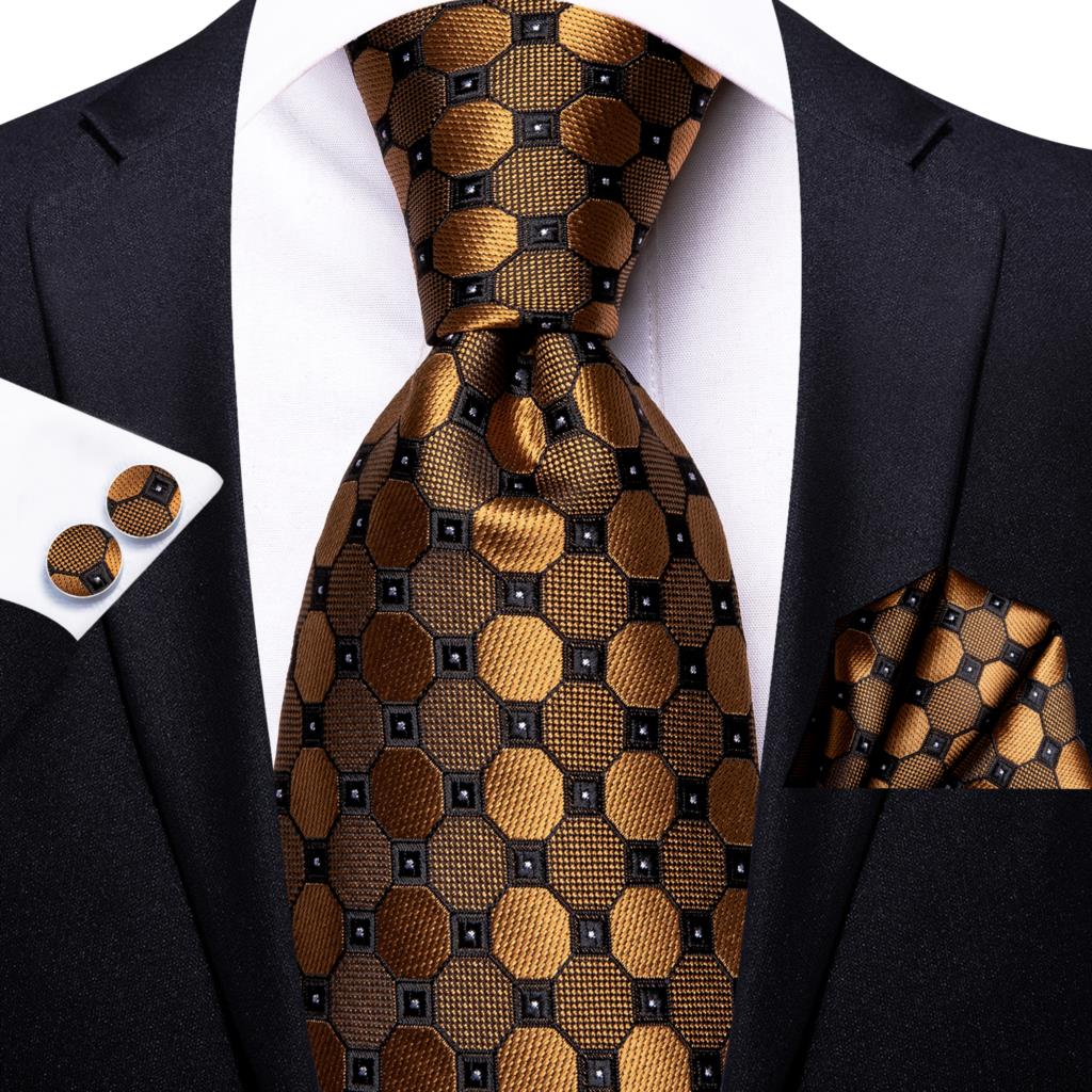 Hi-Tie Silk Men Tie Set Floral Yellow Gold Ties and Handkerchiefs Cufflinks Set Men's Wedding Party Suit Fashion Neck Tie C-3053