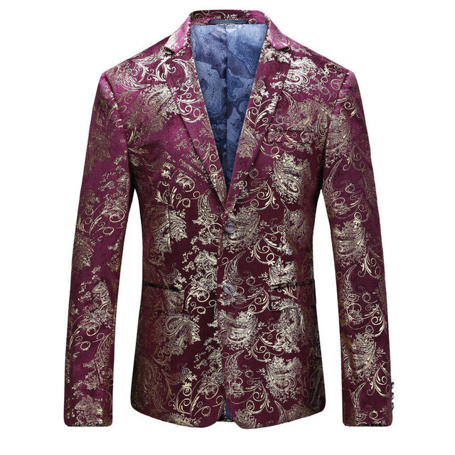 PYJTRL Brand Autumn Winter Luxury Gold Red Blue Stylish Floral Pattern Velvet Blazer Mens Casual Suit Jacket DJ Signers Outfit