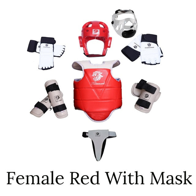 Taekwondo Protector 8 set Full Karate Tkd 8 piece helmet Chest tae kwon do and Ankle Sanda Boxing Match Black Belt Children