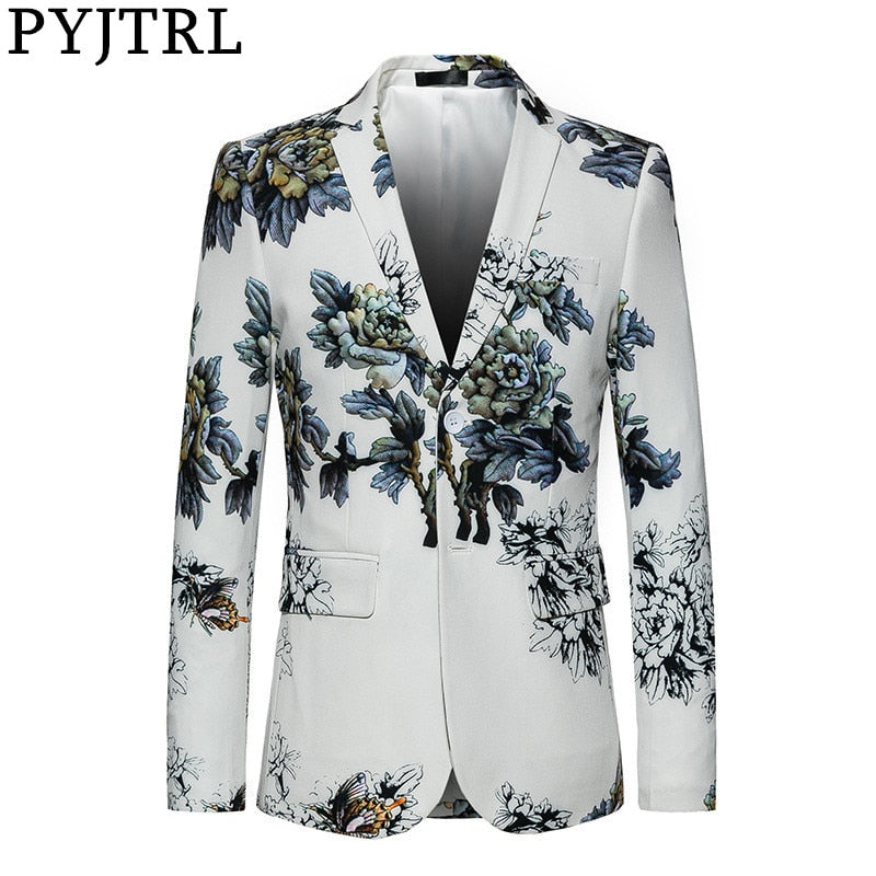 PYJTRL Men Quality Fashion Floral Pattern Slim Fit Casual Suit Jacket Stage Signers Slim Fit Suit Costume Dress Blazers