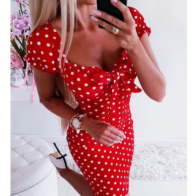 Women Boho Polka Dot Sexy Mini Dress Ruffles Short Sleeve Backless Bodycon Dress High Waist Slim Summer Holiday Sundress