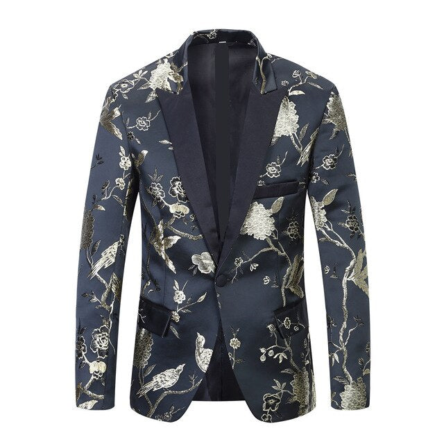 PYJTRL New Red Gold Blue Green Brocade Embroidery Floral Birds Pattern Slim Fit Blazer Designs Men Suit Jacket Stage Singer Wear