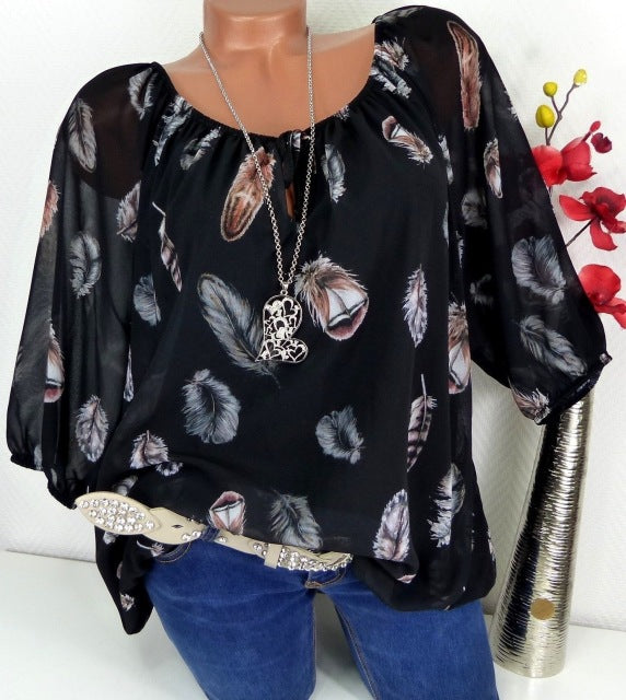 Fashion 5XL Plus Large Size Women's Blouses Summer Tops New Leisure Blouse White Loose Feather Print V Neck Half Sleeve Shirts