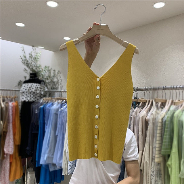 Fashion Button Knit Vest Women Top Camisole Female Solid Elastic knited Slim Sleeveless Tops Femme 2020 Summer Casual Camis New
