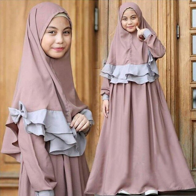 2PCS Arab Girls Long Sleeve Maxi Dress Hijab Set Muslim Kids Prayer Abaya Jilbab Islamic Party Gown Clothing Suit Middle East
