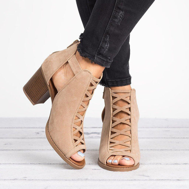Woman Sandals Shoes Summer Pumps High Heels Thick Peep Toe Buckle Strap Fashion Hollow Solid Gladiator Plus Size 34-43