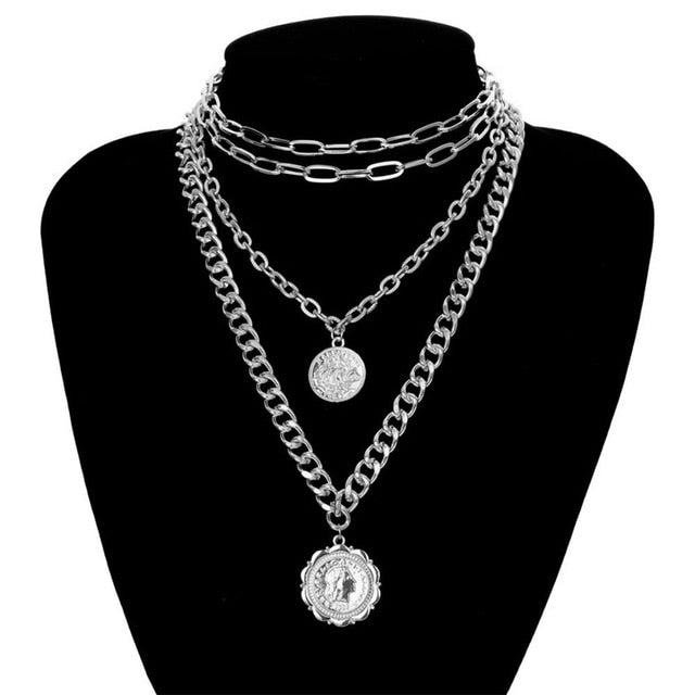 IngeSight.Z Punk Multi Layer Curb Cuban Chunky Thick Portrait Choker Necklace Women Vintage Carved Coin Pendant Necklace Jewelry