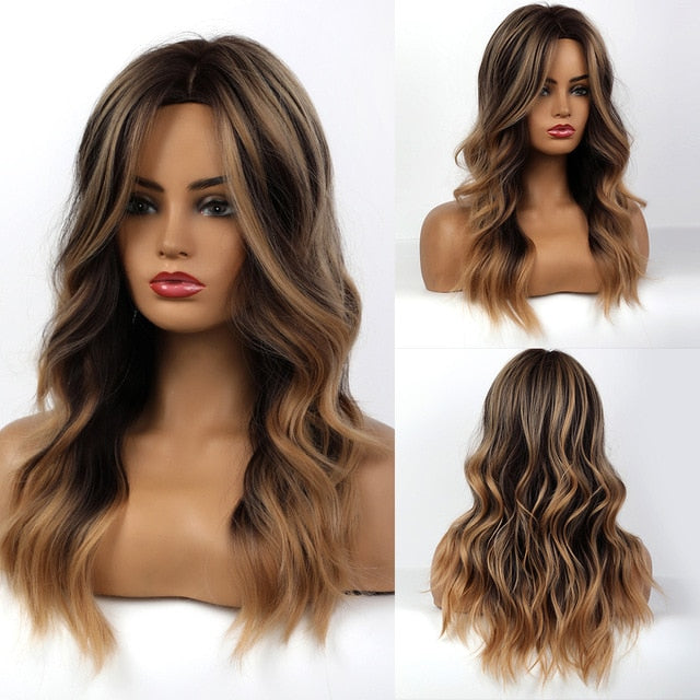 JONRENAU 24 Inches Long Synthetic Natural Wave Brown Ombre Hair Wigs Heat Resistant Hair Wigs for Black Women