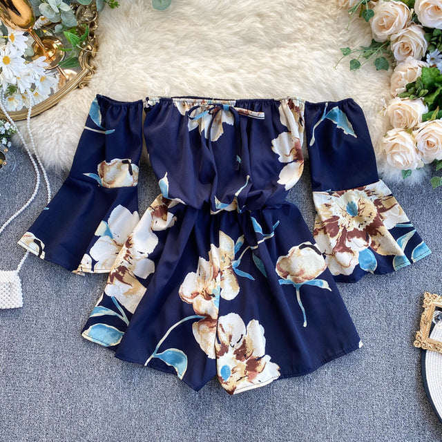 2020 summer new chiffon women playsuits and rompers floral slash neck flare sleeved wide leg short lady clothing tops