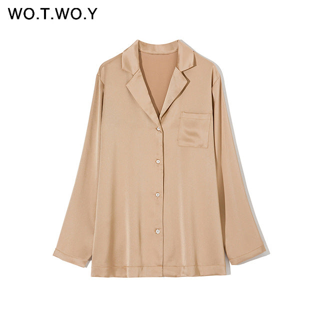 WOTWOY Elegant Long Sleeve Silk Blouses Women Summer White Blouse Shirt Female Blusa Feminina Tops Haut Femme Kimono 2020 New