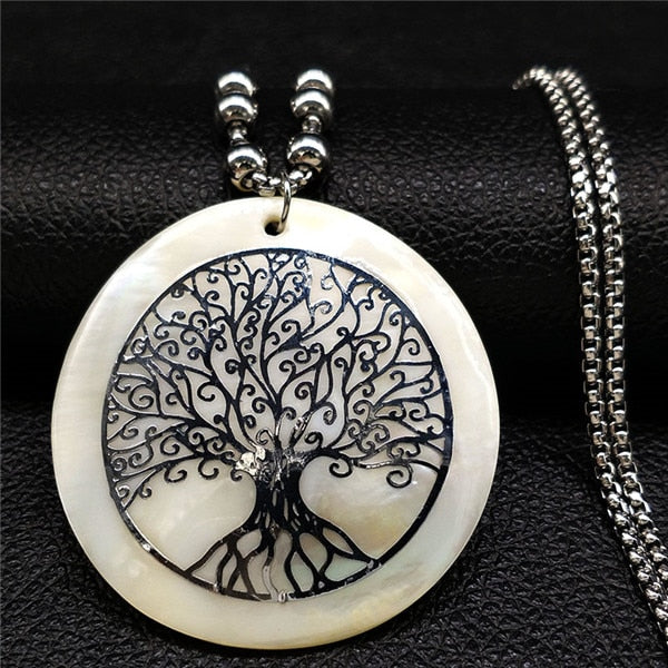 2020 Shell Stainless Steel Statement Necklace Women Tree of Life Rose Gold Color Long Necklace Jewelry bisuteria mujer N18415