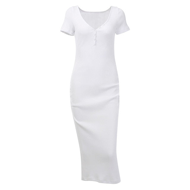 WannaThis Ankle-Length Knitted Dress Sexy Short Sleeve Summer Casual Stretchy Elastic Elegant V-Neck Women Solid Dresses Bodycon