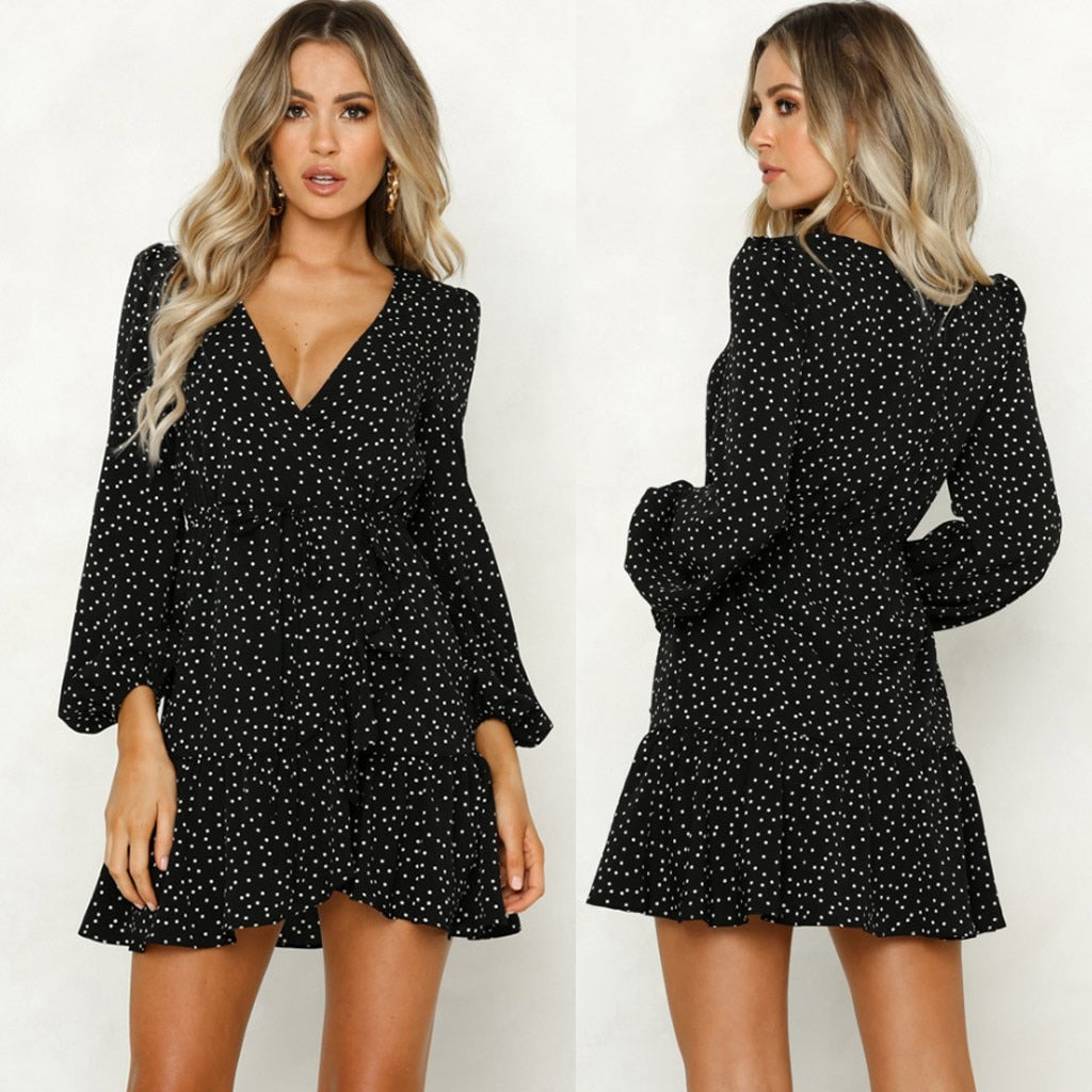 Women V Neck Polka Dot Black Mini Party Dress Autumn Winter Long Sleeve Elegant Wrap