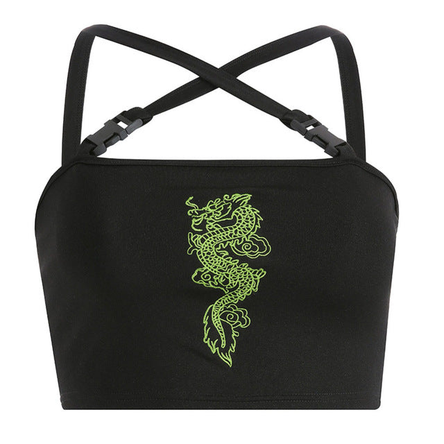 Chinese Style Streetwear Crop Top Women Cami Dragon Embroidery Buckle Criss-Cross Summer Top 2019 Short Festival Tops