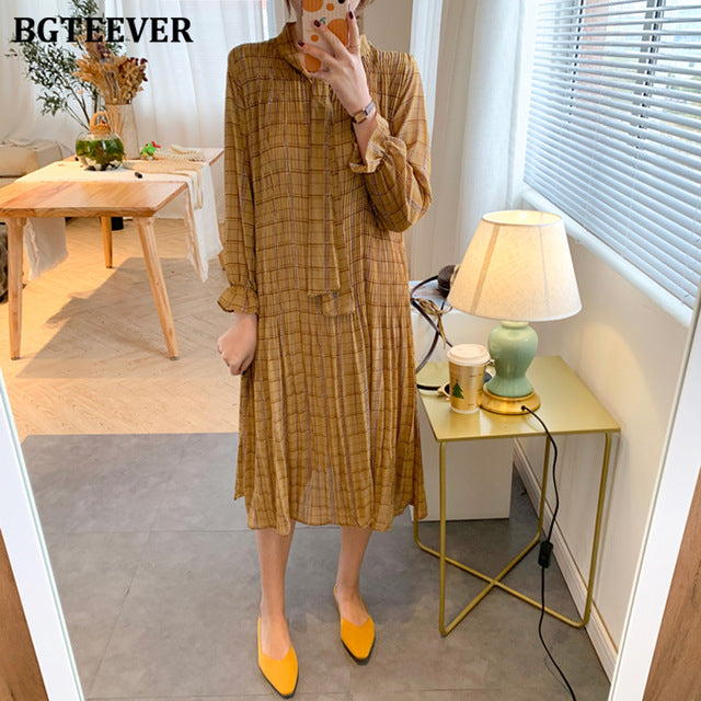 BGTEEVER Chic Bow Neck Plaid Dress Women 2020 Spring Flare Sleeve Lace-up Pleated Mid-calf Dress Female Chiffon Vestidos femme