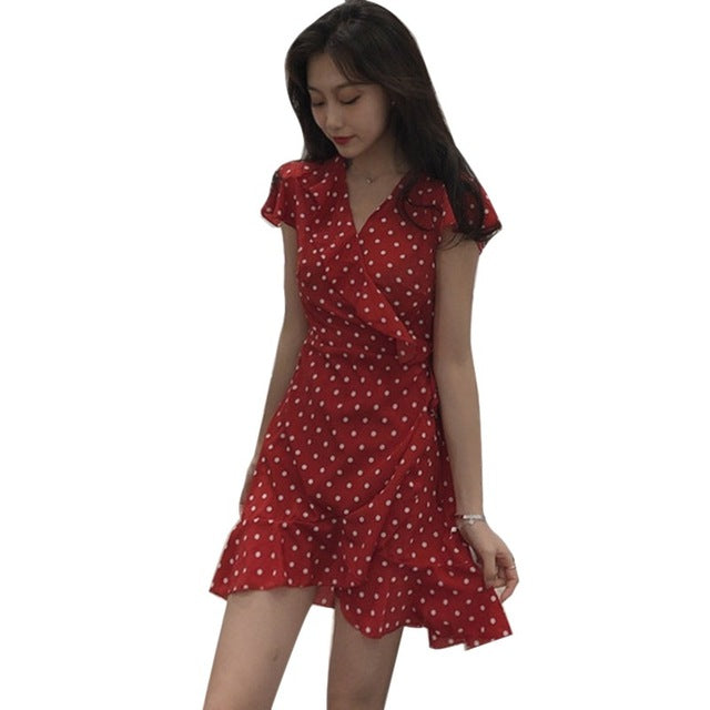 Women\'s Dress Summer Sexy V neck Dot Slim waist A-line Dress Fashion butterfly Sleeve Elegant Vintage Mini dress feminina