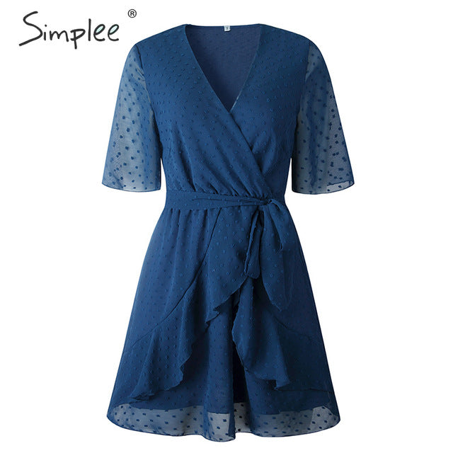 Simplee V-neck flower A-line summer dress women Ruffled sash belt wrap dress Short sleeve beach lining ladies short dress