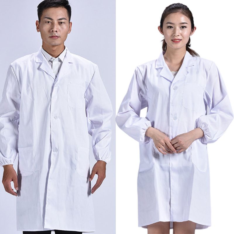Unisex Long Sleeve White Lab Coat Men Women Lapel Collar Button Down Doctor Blouse with Pockets Doctor Nurse Uniform