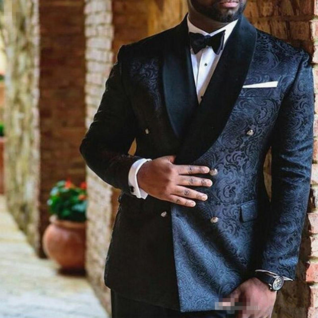 Navy Blue Wedding Mens Suits Double Breasted Custom Slim Fit Groom Tuxedos Shawl Lapel Two Piece Jacket Pants Male Blazer