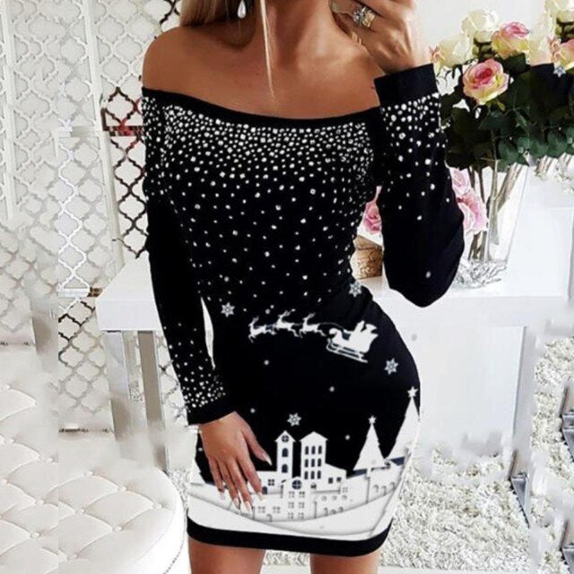 Autumn Winter Knitted Sweater Dress Women Christmas Xmas Deer Printed Long Sleeve Bodycon Mini Dresses Knitwear Sweaters Clothes