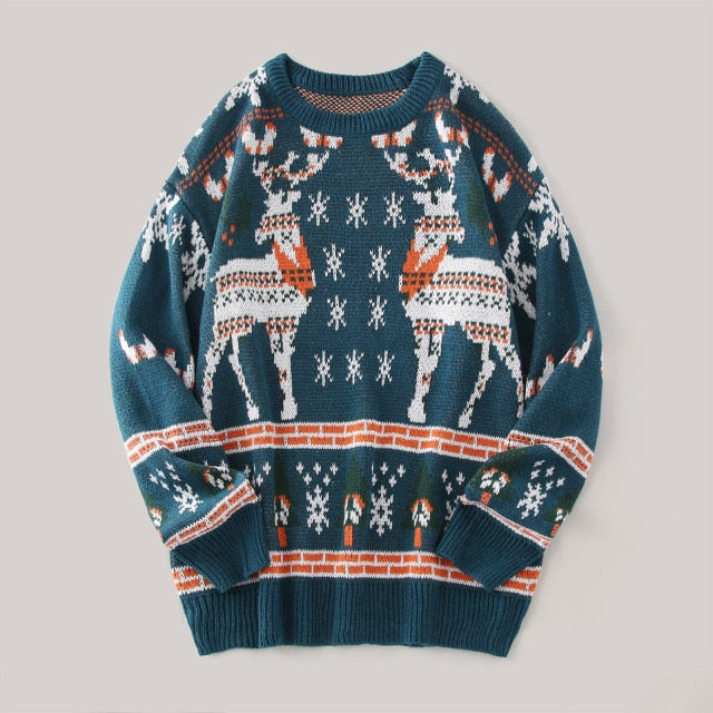 Men Casual Christmas Deer Print Sweater Long Sleeve Round Neck Sweater Blouse Winter Clothes Sweater Vinage Oversize Sweaters