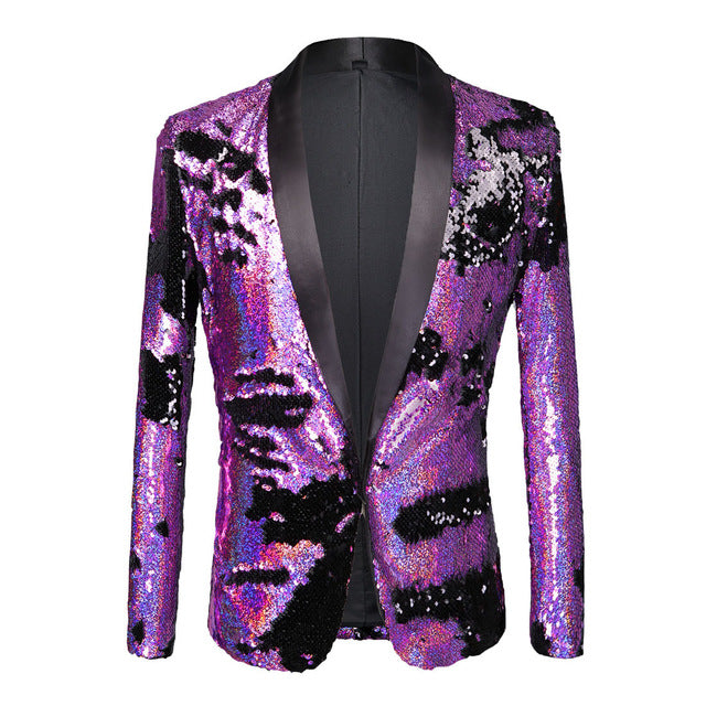 PYJTRL Tide Men Double-Color Purple Black Gold White Sequins Blazer Fashion Punk Nightclub Bar DJ Singers Suit Jacket Costumes