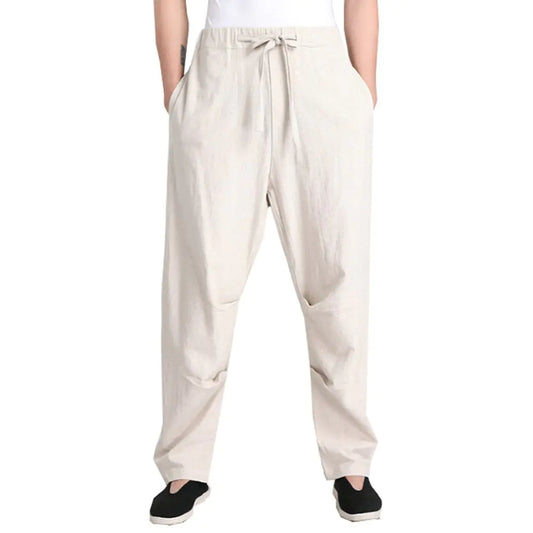 ZooBoo Mens Martial Arts Pants Kung Fu Linen Trousers Tang Suit Pants (S Beige)