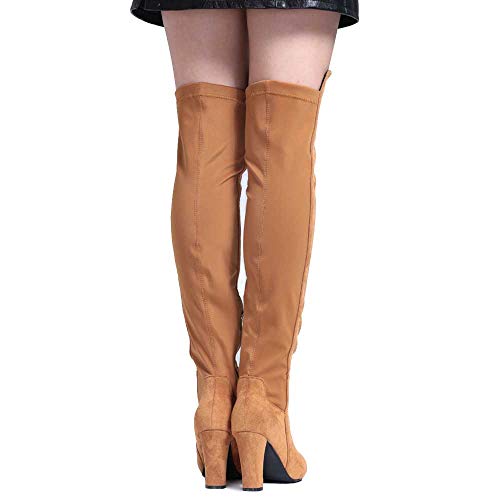 Shoe'N Tale Women Faux Suede Chunky Heel Stretch Over The Knee Thigh High Boots (5,C-Light Brown)