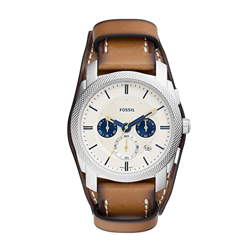 Fossil Men's Machine Quartz Stainless Steel and Leather Chronograph Watch, Color: Silver, Tan (Model: FS5922)