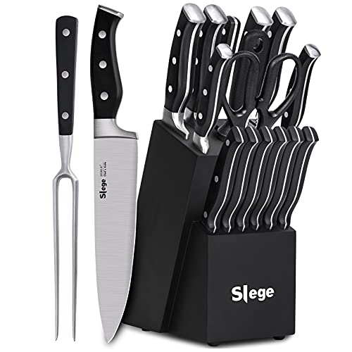 Knife Set, 16-Piece Kitchen Knife Set with Block Wooden, Manual Sharpening for Black Chef Knife Set with Carving Fork, German Stainless Steel Knife Block Set by Slege