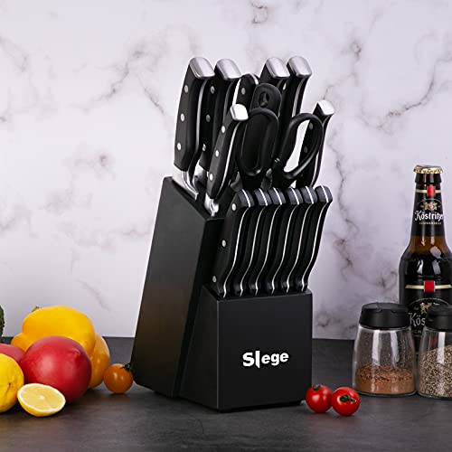 Knife Set, 16-Piece Kitchen Knife Set with Block Wooden, Manual Sharpening for Black Chef Knife Set with Carving Fork, German Stainless Steel Knife Block Set by Slege