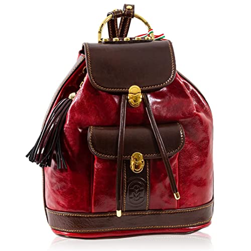 Marino Orlandi Women’s Large Backpack Handbag Italian Designer Drawstring Bucket Bag Burgundy Glazed Genuine Leather Purse Tote Convertible Sling with Tassel with Front Pocket