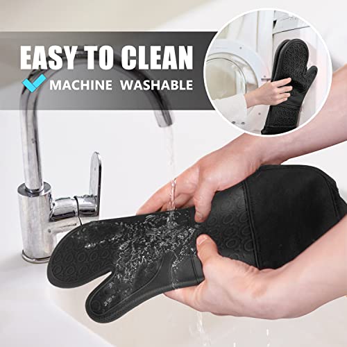 Rorecay Extra Long Oven Mitts and Pot Holders Sets: Heat Resistant Silicone Oven Mittens with Mini Oven Gloves and Hot Pads Potholders for Kitchen Baking Cooking, Quilted Liner, Black, Pack of 6