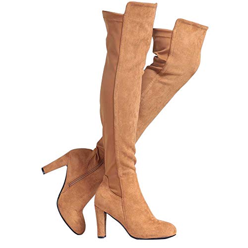 Shoe'N Tale Women Faux Suede Chunky Heel Stretch Over The Knee Thigh High Boots (5,C-Light Brown)