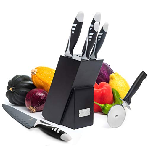 Moss & Stone Professional Kitchen Knife Chef Set, Knife Set With Block, Kitchen Knife Set Black Titanium Plated Stainless Steel Scratch Resistant And Rust Proof, 7pcs Sharp Kitchen Knives.