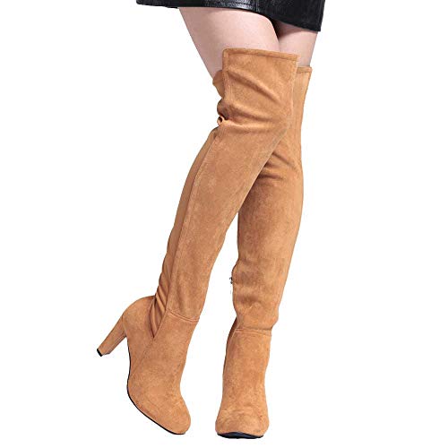 Shoe'N Tale Women Faux Suede Chunky Heel Stretch Over The Knee Thigh High Boots (5,C-Light Brown)