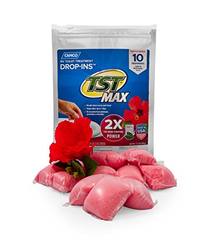 Camco TST MAX RV Toilet Treatment Drop-INs | Control Unwanted Odors and Break Down Waste and Tissue | Septic Tank Safe | Hibiscus Breeze Scent | 10-pack (41603)