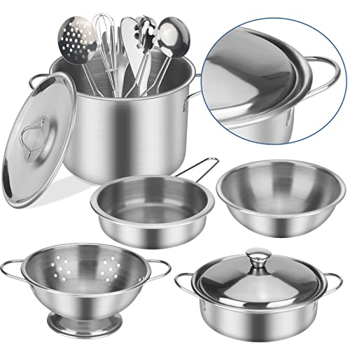 PRAJNASYS Kitchen Pretend Play Accessories Toys,Cooking Set with Stainless Steel Cookware Pots and Pans Set, Cooking Utensils, Apron & Chef Hat and Cutting Play Food Gifts for Kids Toddlers Boys Girls
