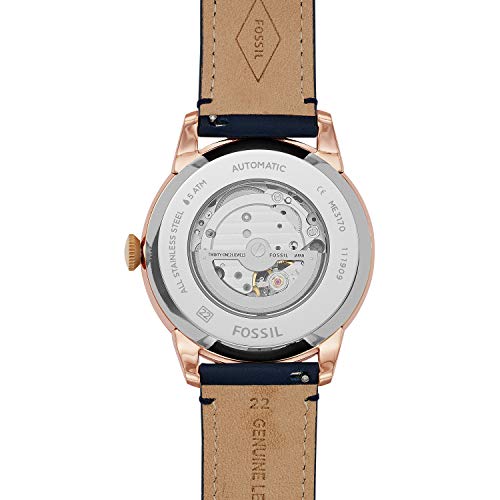 Fossil Men's Townsman Automatic Stainless Steel and Leather Two-Hand Subeye Watch, Color: Rose Gold/Navy (Model: ME3171)
