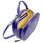 Valentino Orlandi Women's Large Handbag Italian Designer Circle Purse Bowling Bag Top Handle Tanzanite Blue Embroidered Genuine Leather Statement Bag in Laser Cut Gold Design