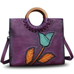 Genuine Leather Top Handle Handbag for Women Vintage Satchel Retro Cowhide Handmade Crossbody Bag Purse (Purple-Embossed)
