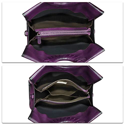 Genuine Leather Top Handle Handbag for Women Vintage Satchel Retro Cowhide Handmade Crossbody Bag Purse (Purple-Embossed)