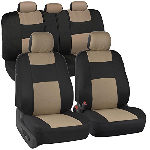 BDK PolyPro Car Seat Covers Full Set in Beige on Black – Front and Rear Split Bench Car Seat Cover, Easy to Install, Interior Covers for Auto Truck Van SUV