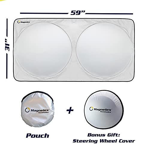 Magnelex Windshield Sunshade with Bonus Steering Wheel Sun Shade. Reflective Polyester Blocks Heat and Sun. Foldable Sun Shield Keeps Your Vehicle Cool (Medium 59 x 31 in)